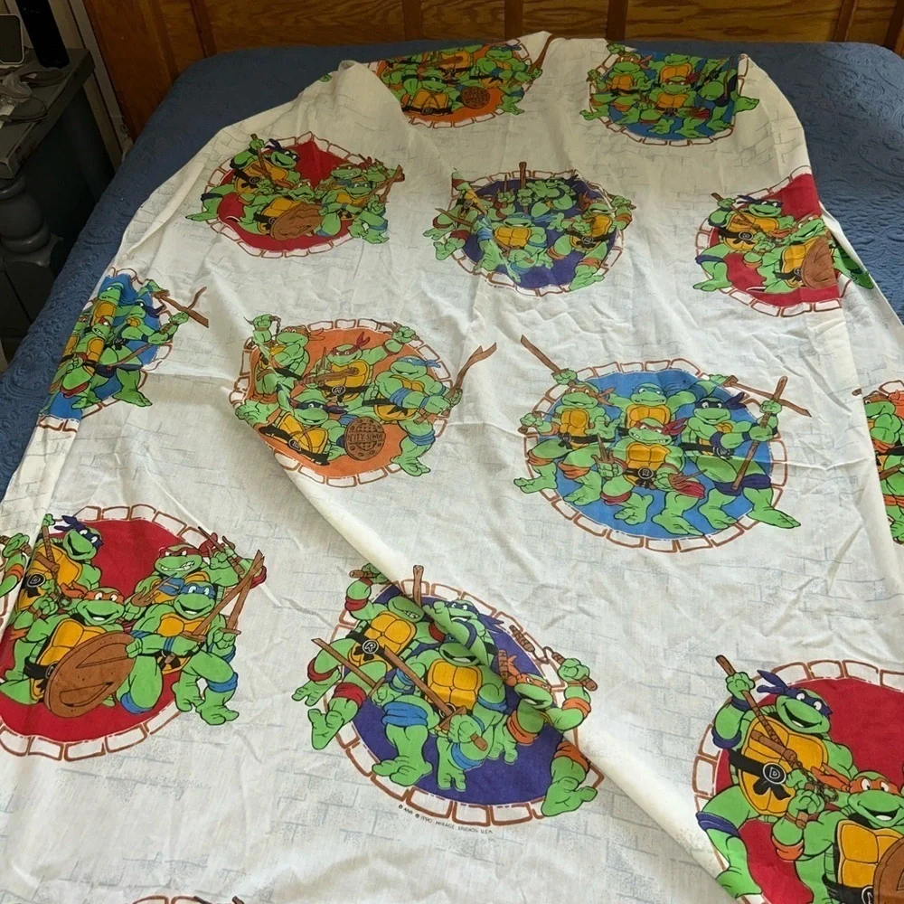 Vintage 1990 Twin Sheet Set Flat Fitted Pillowcase Teenage Mutant Ninja Turtles